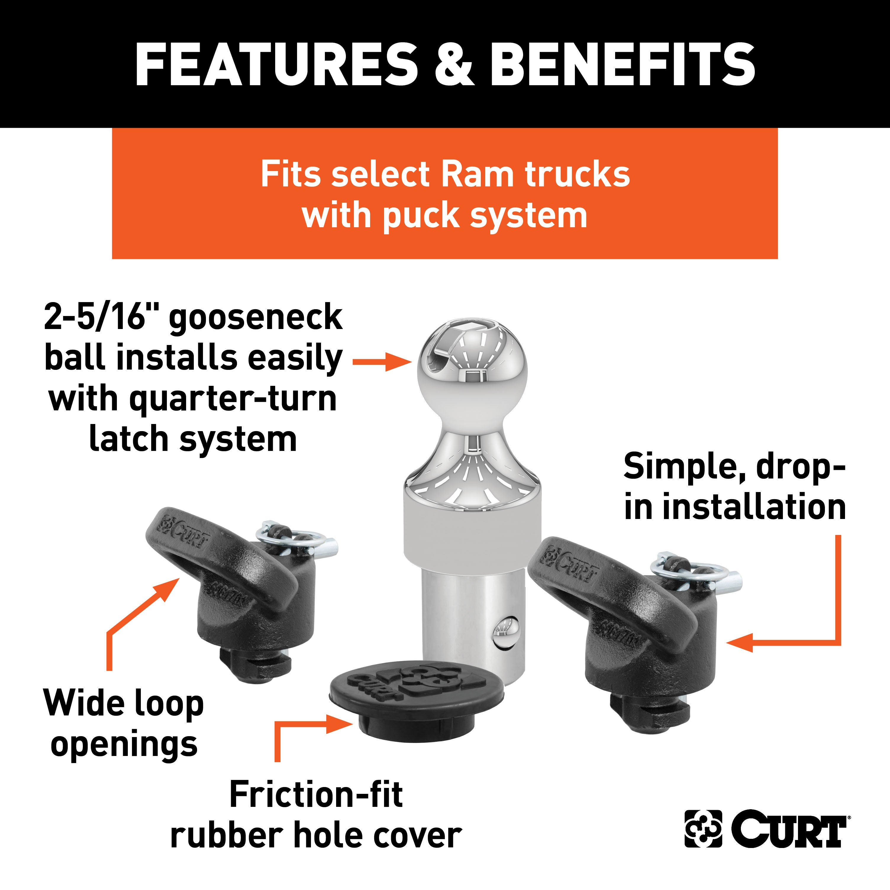 CURT OEM Puck System Gooseneck Hitch, Fits Select Ram Trucks, 38,000 lbs. GTW, 2-5/16-Inch Ball, Pucks Required Model 60638
