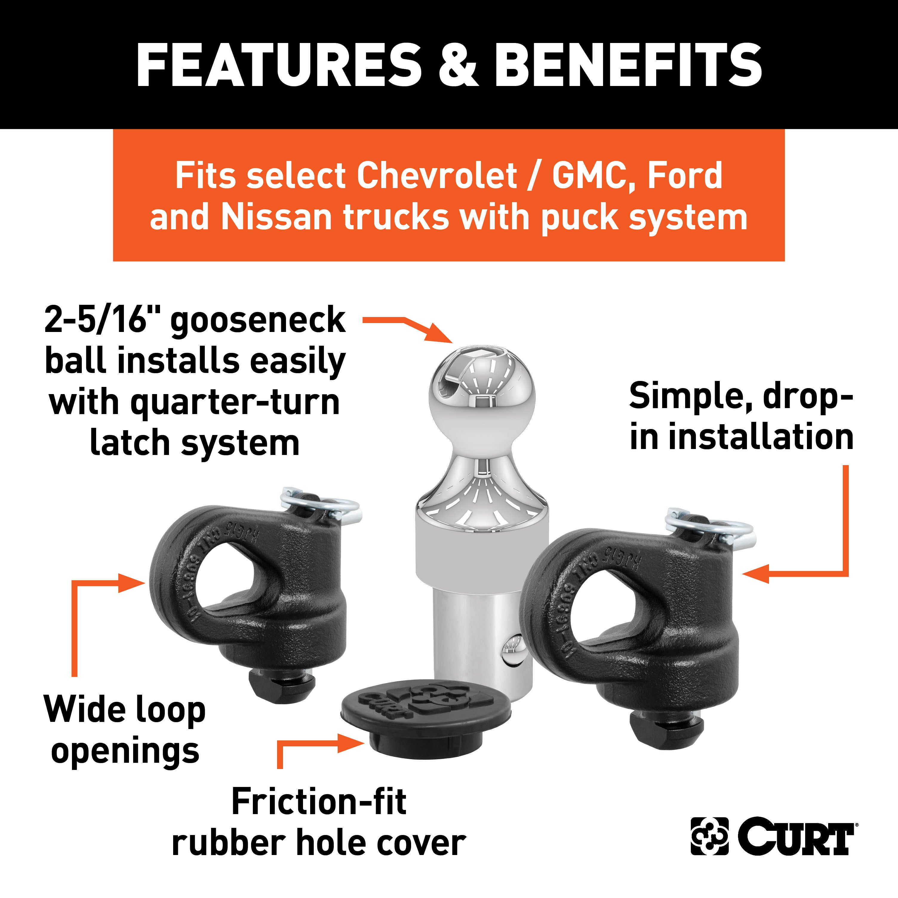 CURT Puck System Gooseneck Hitch, Fits Select Chevy, Ford, GMC, Nissan Trucks, 38,000 lbs. GTW, 2-5/16-Inch Ball, Pucks Required Model 60639