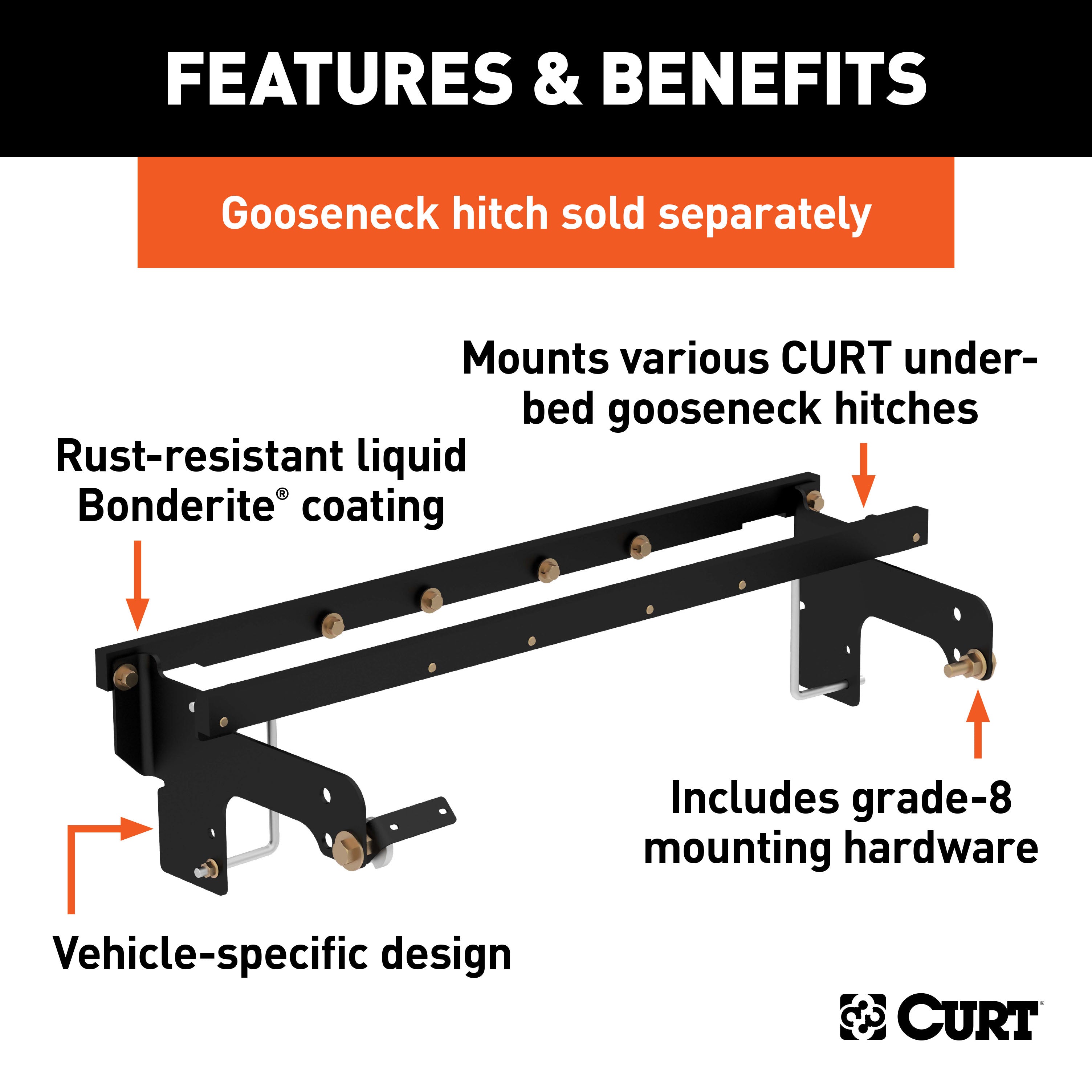 CURT Under-Bed Gooseneck Installation Brackets, Fits Select Chevrolet Silverado, GMC Sierra 1500, 2500, 3500 HD Model 60652