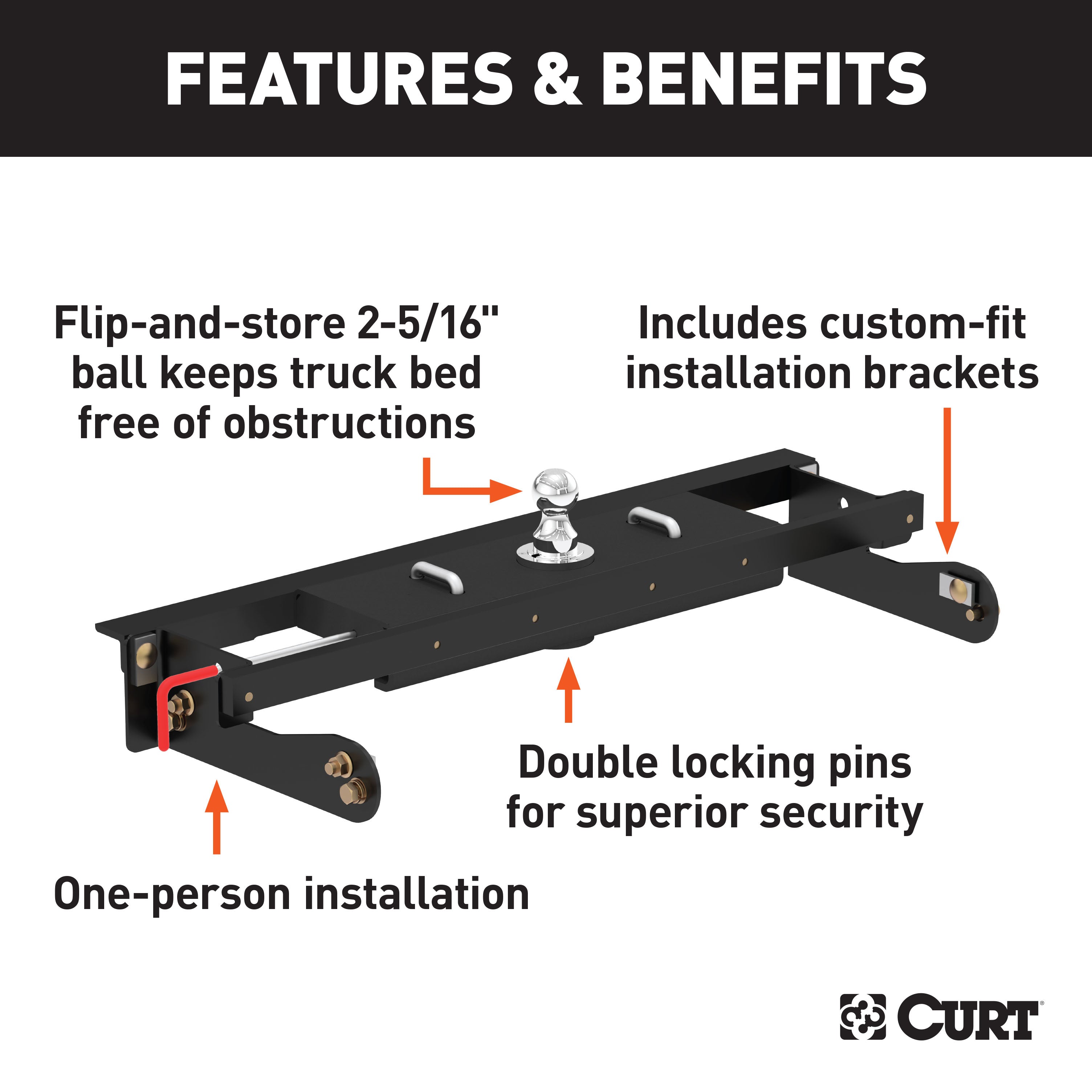 CURT Double Lock EZr Gooseneck Hitch, 2-5/16-In. Flip-Over Ball 30K, Fits Select Chevrolet Silverado, GMC Sierra 2500, 3500 HD Model 60680