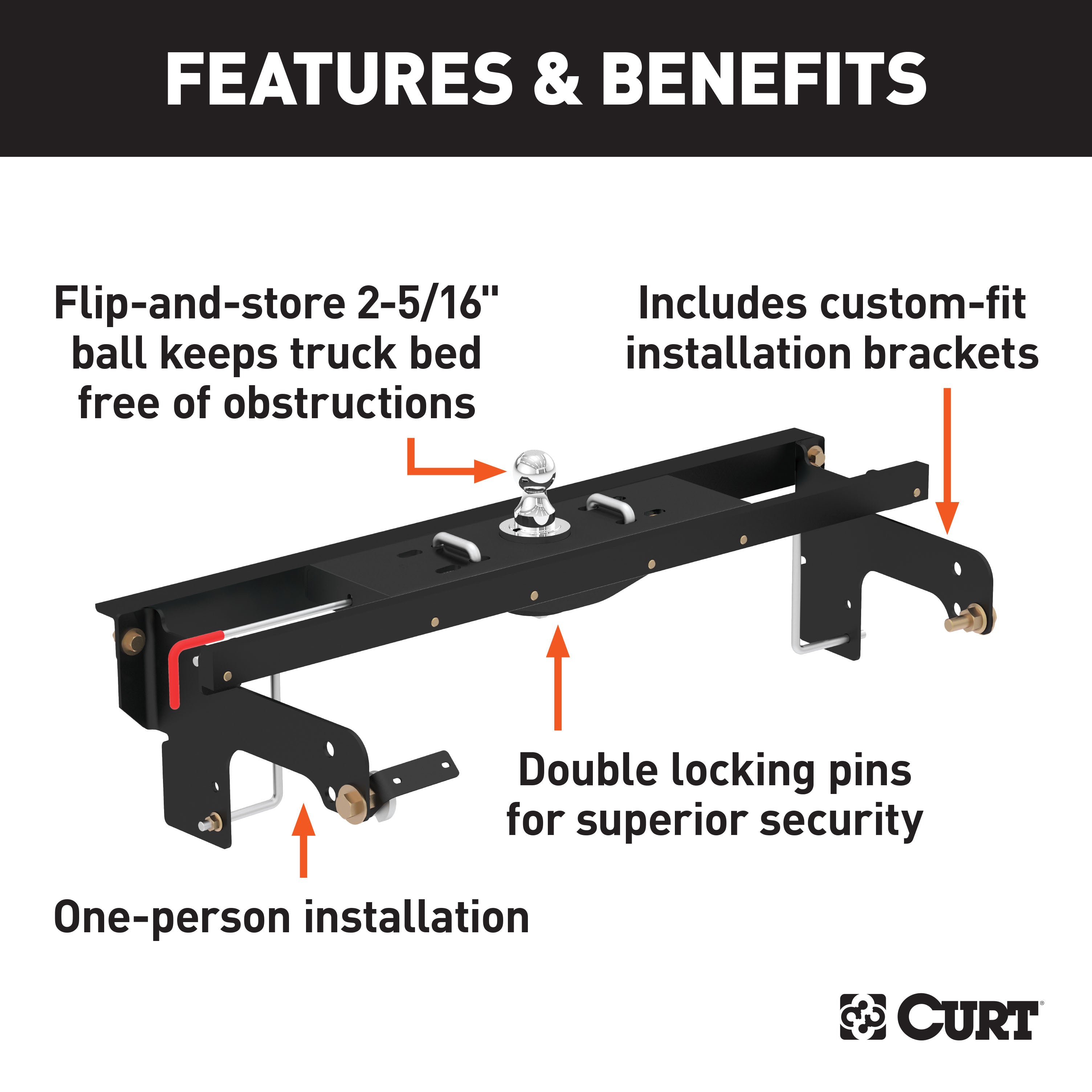 CURT Double Lock EZr Gooseneck Hitch, 2-5/16-In. Flip-Over Ball 30K, Fits Select Chevrolet Silverado, GMC Sierra 2500, 3500 HD Model 60681