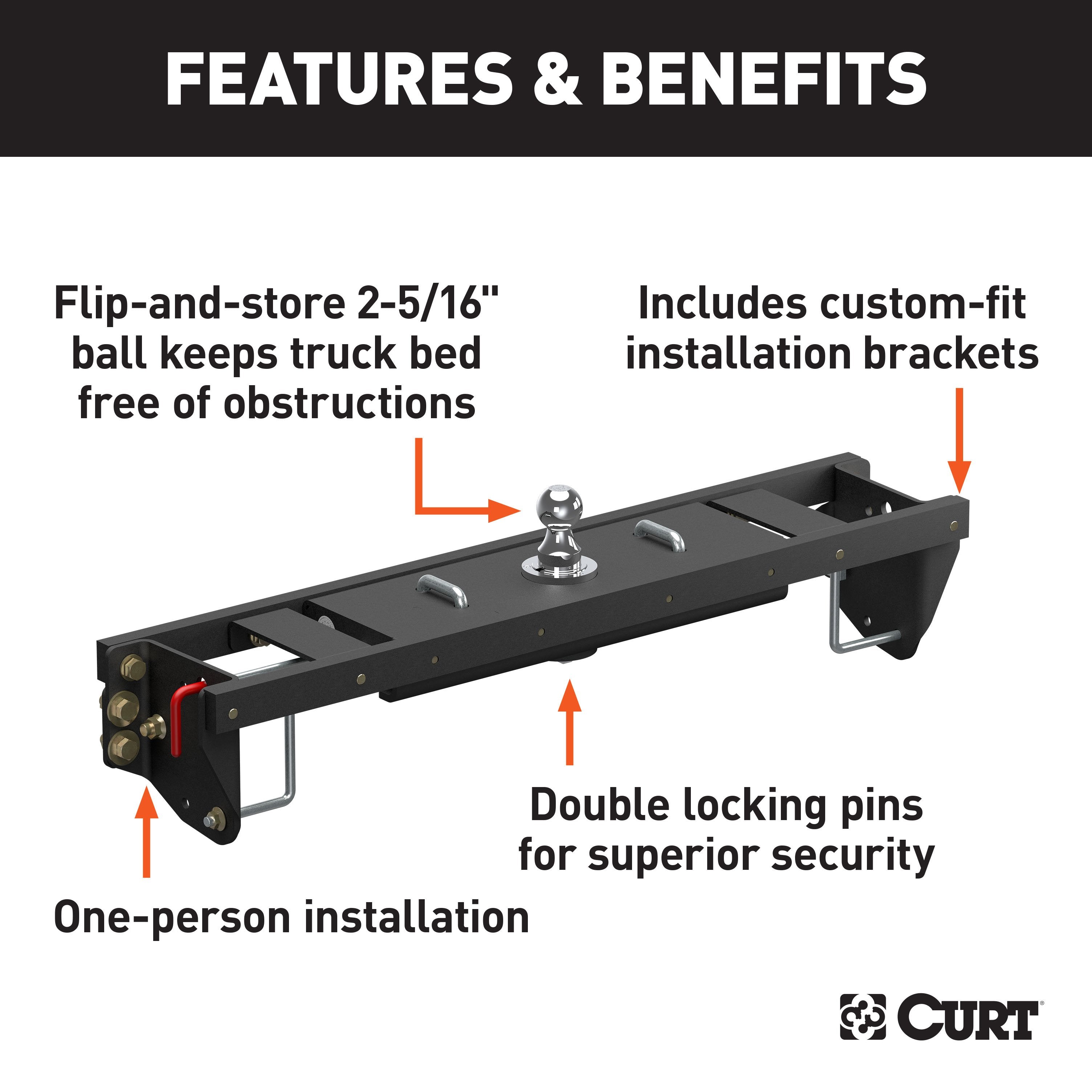CURT Double Lock EZr Gooseneck Hitch, 2-5/16-In. Flip-Over Ball 25K, Fits Select Chevrolet Silverado, GMC Sierra 2500, 3500 HD Model 60690