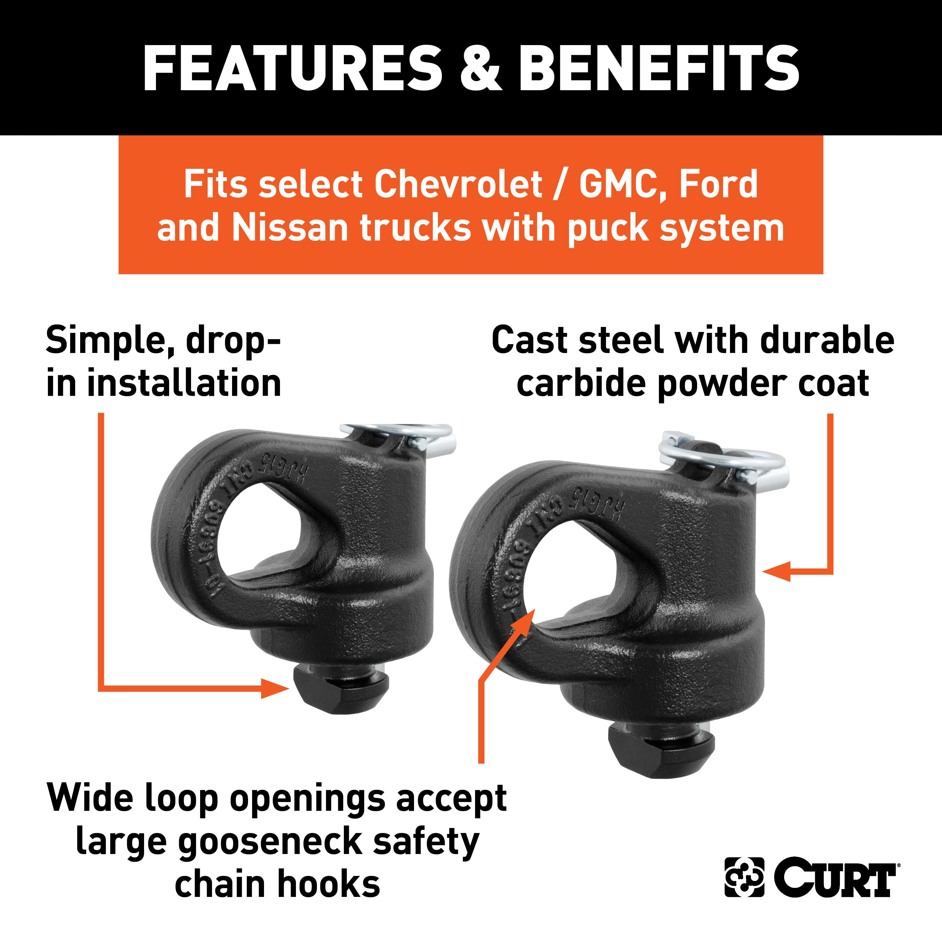 CURT OEM Puck System Gooseneck Safety Chain Anchors, 30K, Fits Select Silverado, Sierra 2500, 3500 HD, F-250, F-350, Nissan Titan XD Model 60691