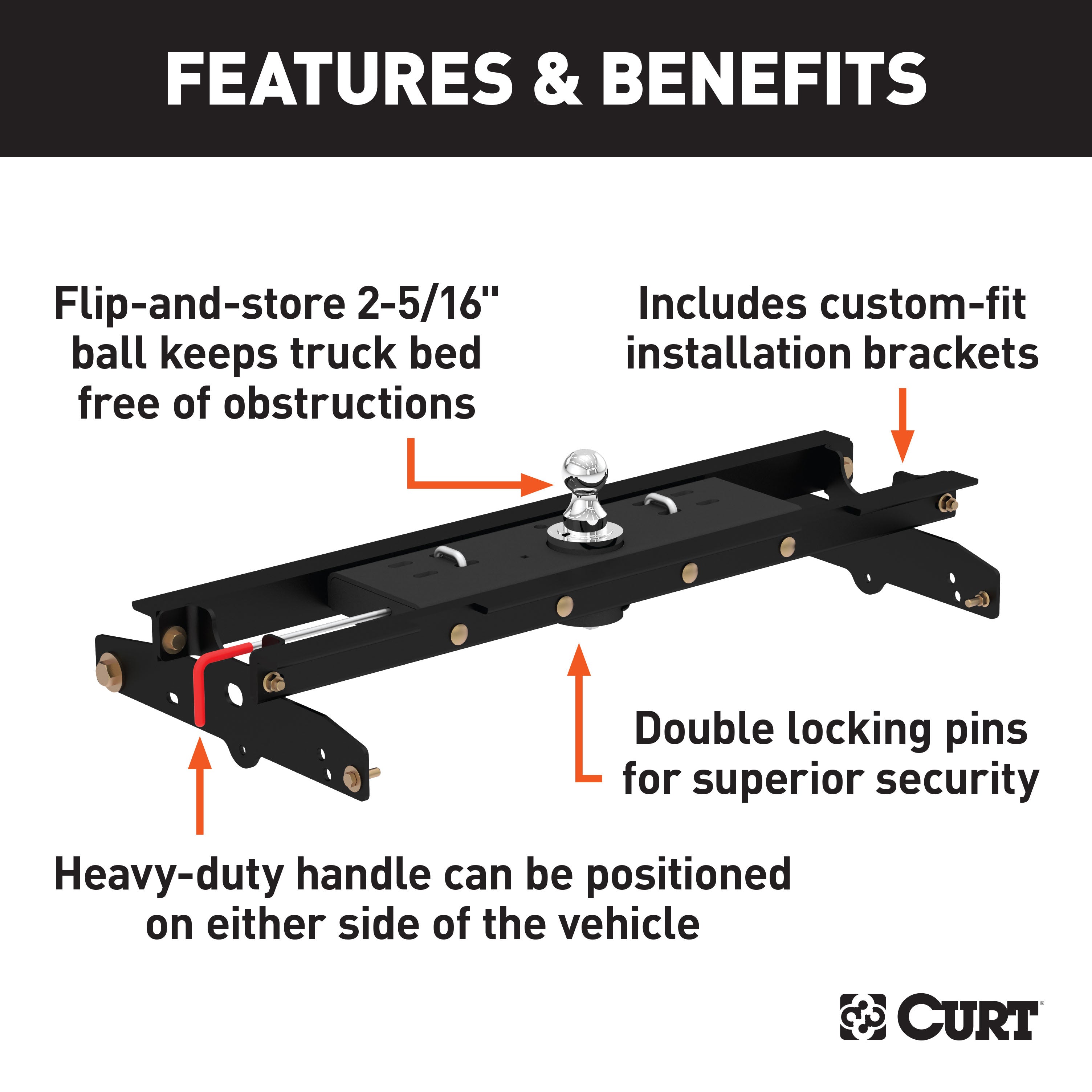 CURT Double Lock Gooseneck Hitch, 2-5/16-Inch Flip-Over Ball 30K, Fits Select Ford F-150, F-250 Model 60722
