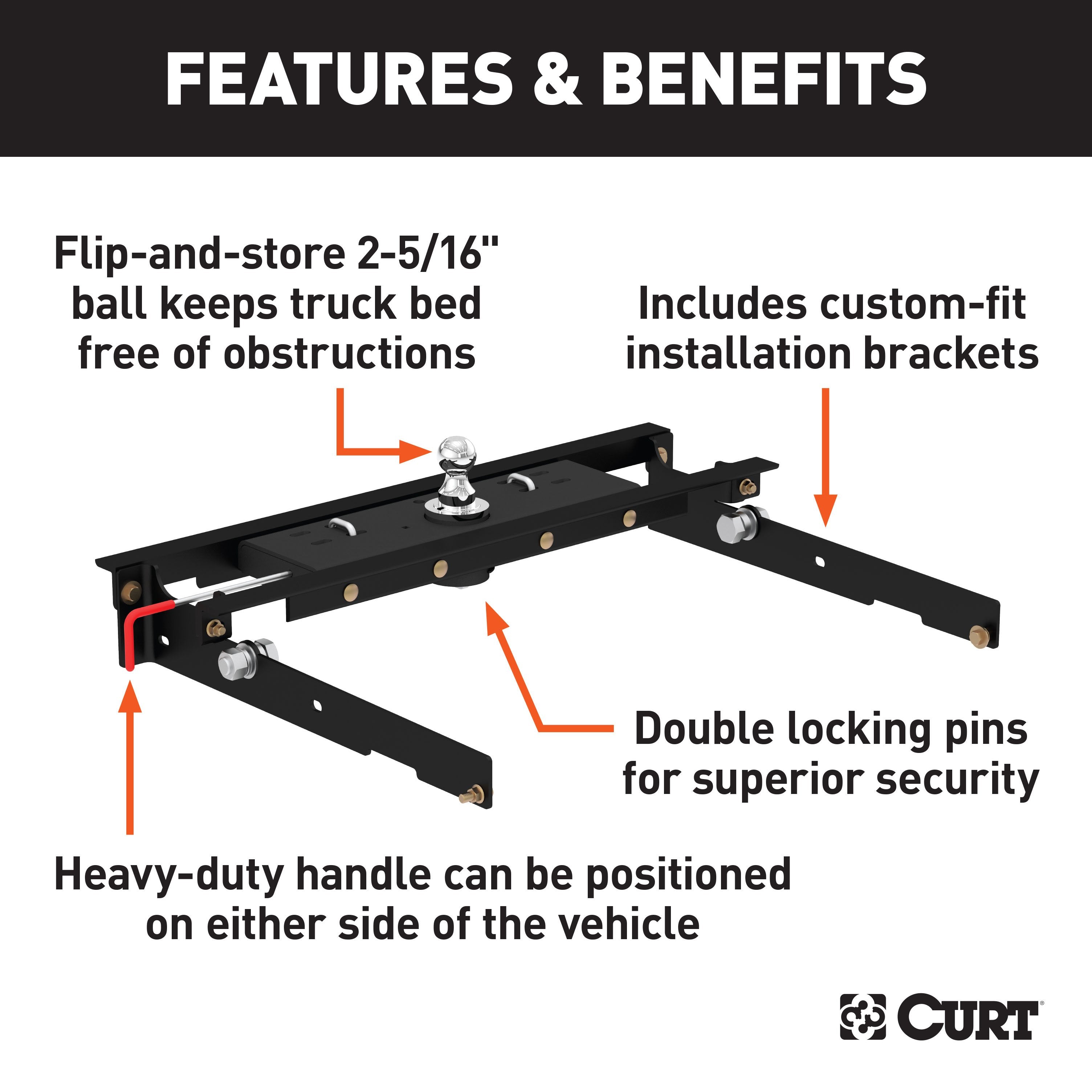 CURT Double Lock Gooseneck Hitch, 2-5/16-Inch Flip-Over Ball 30K, Fits Select Ford F-150, F-250, F-350 Model 60723