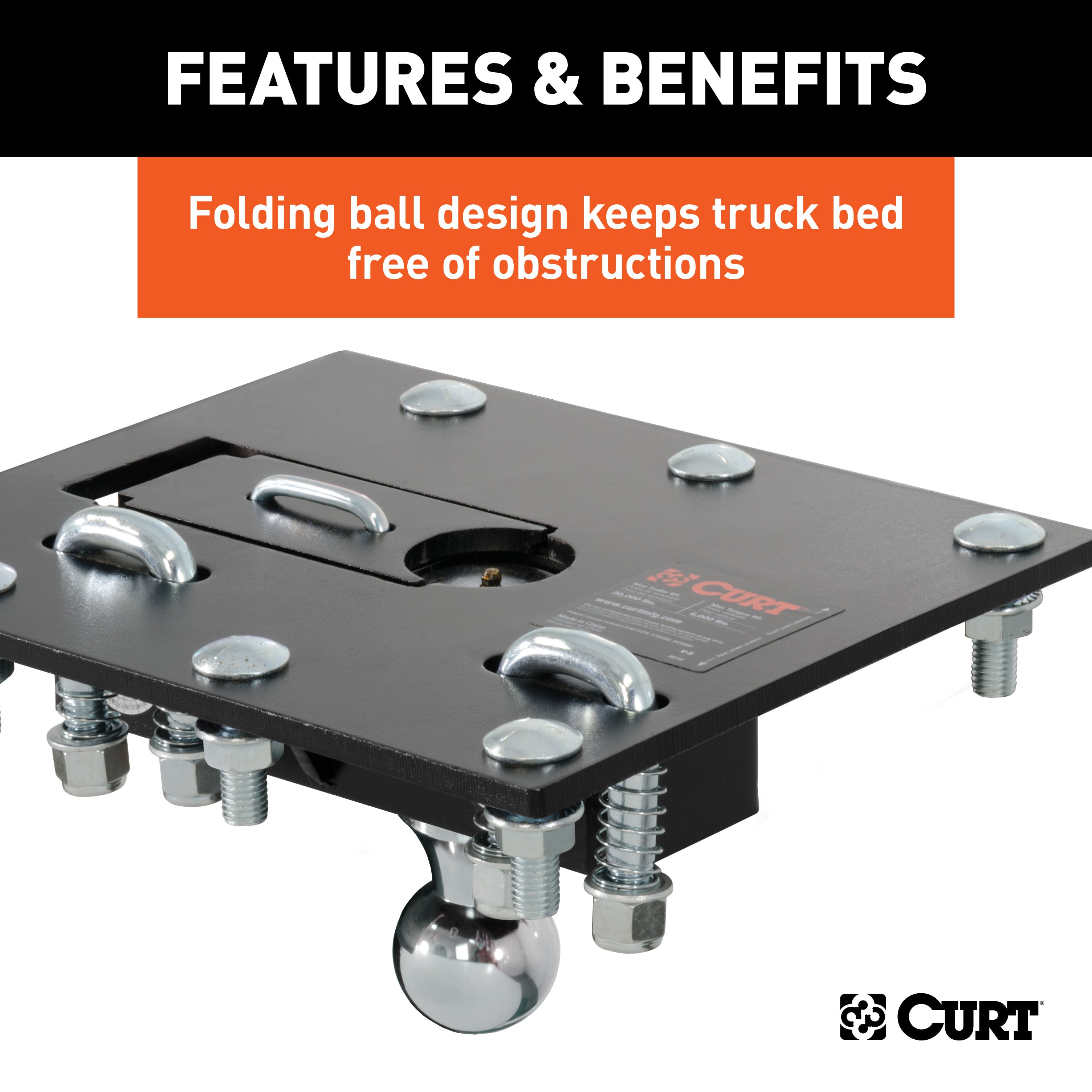 CURT Over-Bed Folding Ball Gooseneck Hitch, 30,000 lbs, 2-5/16-Inch Ball Model 61052