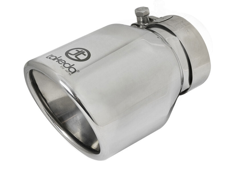 Polished afe Takeda universal exhaust tip with a 2-1/2 inch inlet, 4 inch outlet, and 6 inch length for enhanced performance.