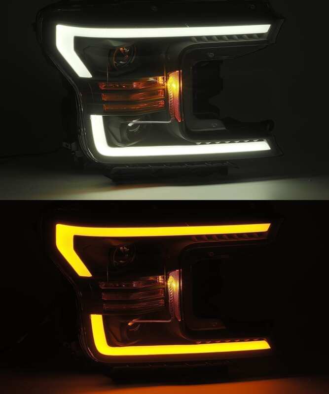 AlphaRex LUXX LED projector headlights for 2018-2020 Ford F-150 with chrome finish, featuring DRL and active light functionality.