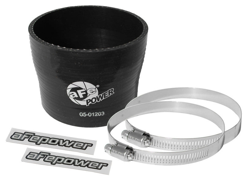 aFe Magnum FORCE Intake Coupling Kit featuring a black straight coupler, two stainless steel clamps, and stickers.