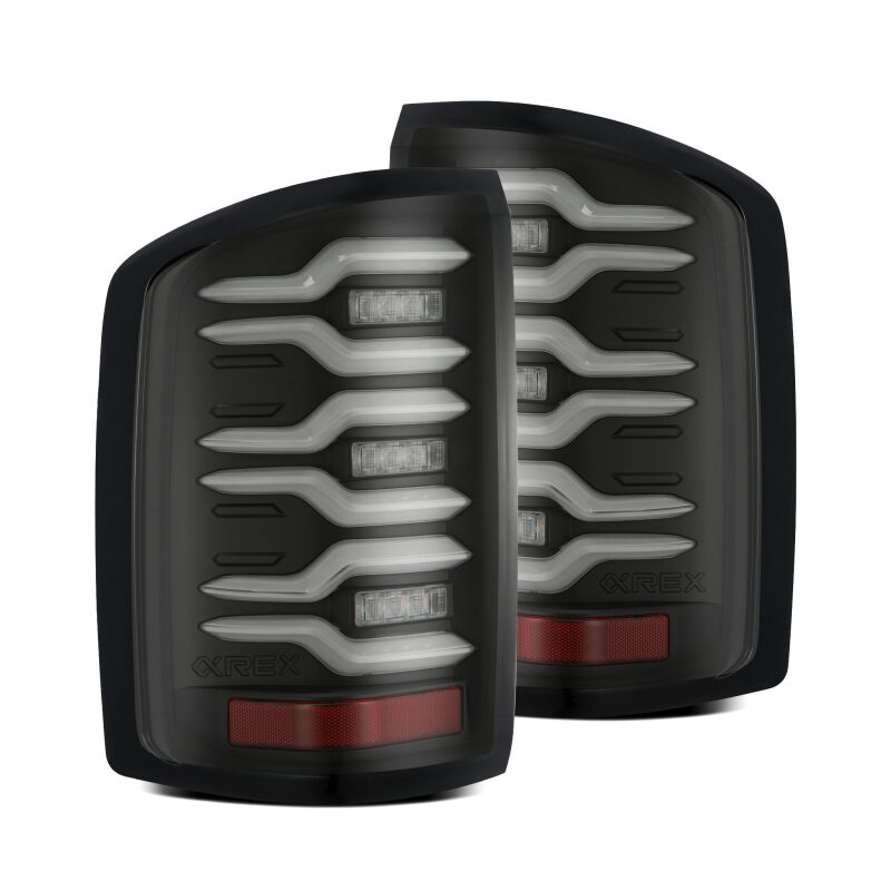 AlphaRex LUXX-Series LED tail lights for 14-18 GMC Sierra models, featuring a sleek black design with sequential signals.