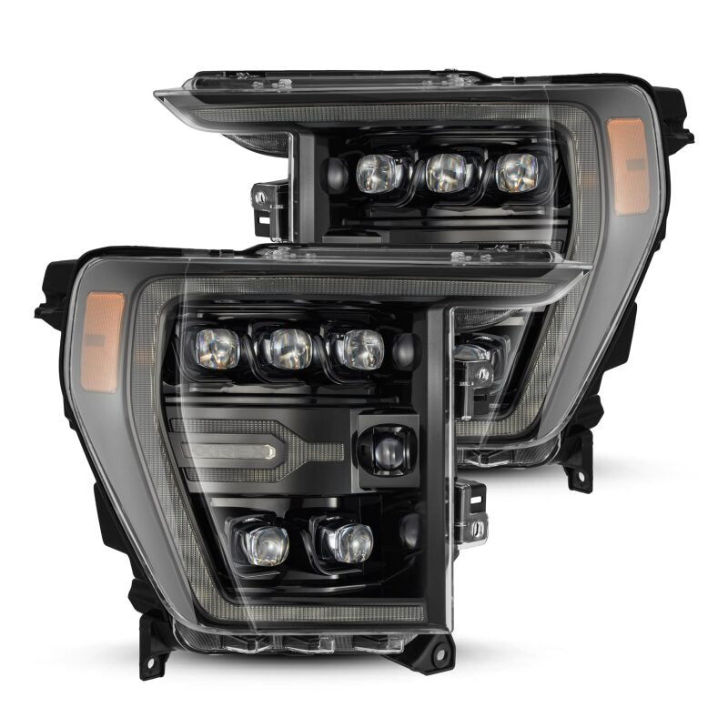 AlphaRex NOVA LED projector headlights for 2021-2022 Ford F-150, featuring plank style design, black housing, and sequential signals.