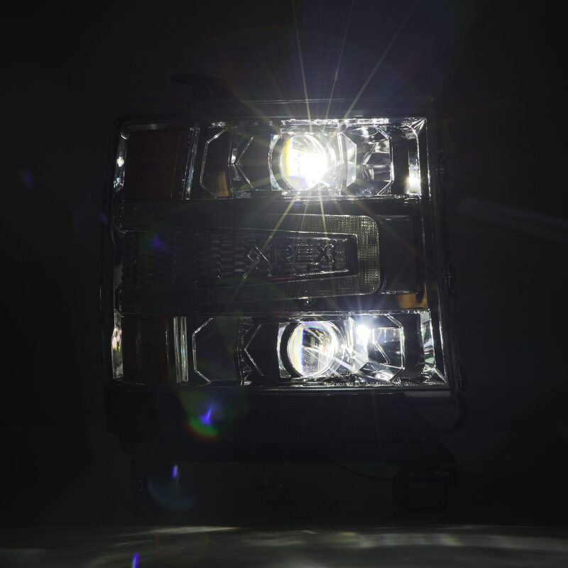 AlphaRex LUXX LED projector headlights for 2016-2018 Chevy 1500HD with chrome finish and sequential lighting features.