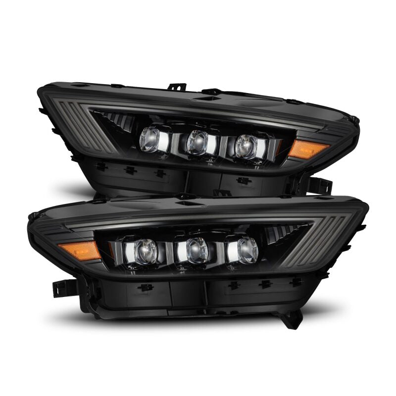 AlphaRex NOVA LED projector headlights for 15-17 Ford Mustang in alpha-black with sequential signal and switchback DRL.