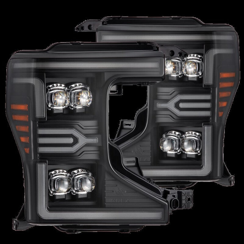 AlphaRex NOVA-Series LED projector headlights for 20-22 Ford F-250/350/450, featuring sequential signal and daytime running lights.