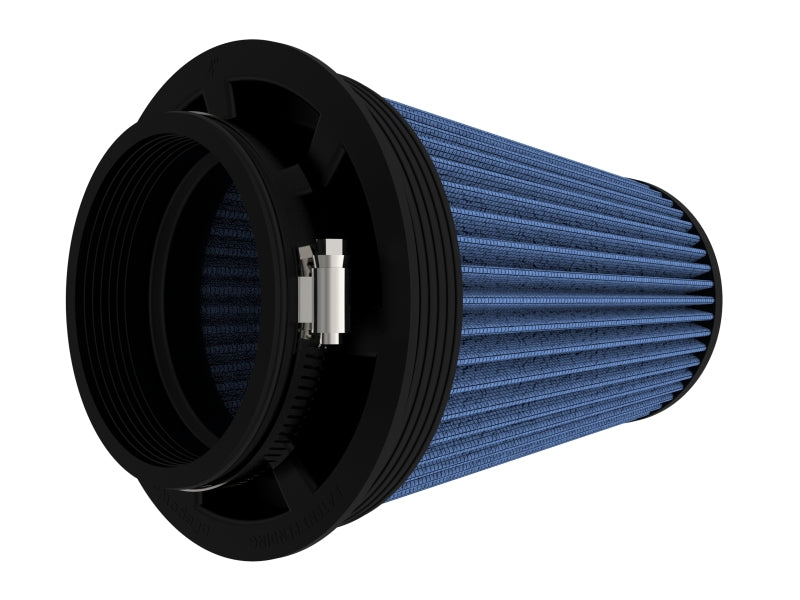 Inverted air filter with a blue pleated design, featuring a black rubber base and a cylindrical shape for enhanced airflow.