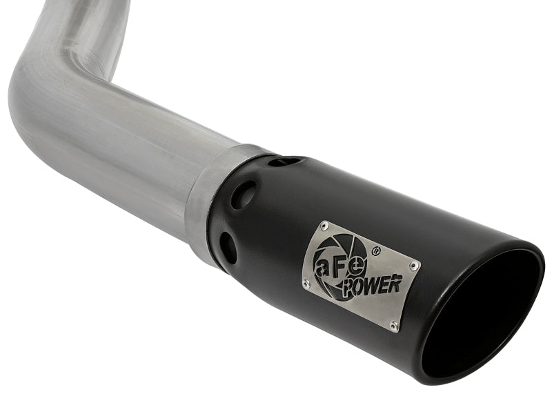 Large Bore-HD DPF-Back exhaust system for Dodge diesel trucks, featuring a polished stainless steel design and a black tip.