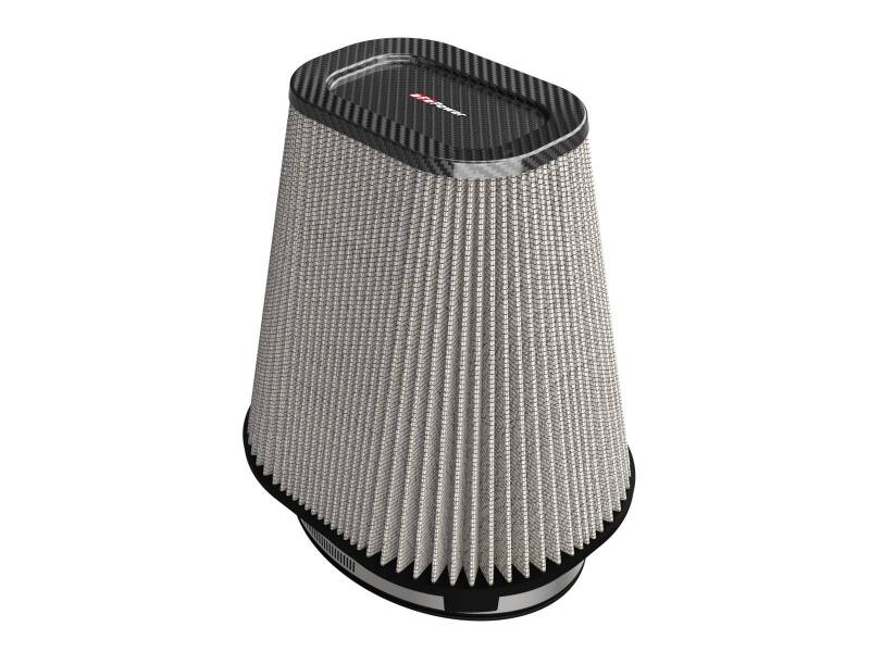 afe Track Series replacement air filter with a tapered design, featuring a gray filter media and black base, ideal for enhanced airflow.