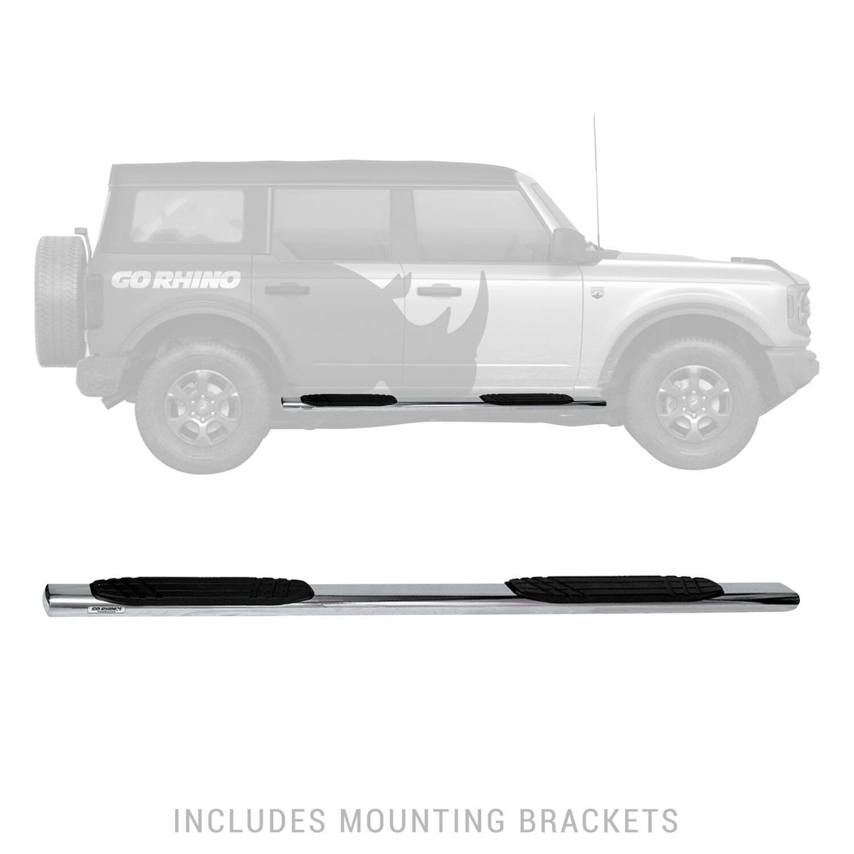 4 Inch OE Xtreme SideSteps With Mounting Bracket Kit Polished Stainless Steel 2021-2025 Ford Bronco 4 Door Go Rhino