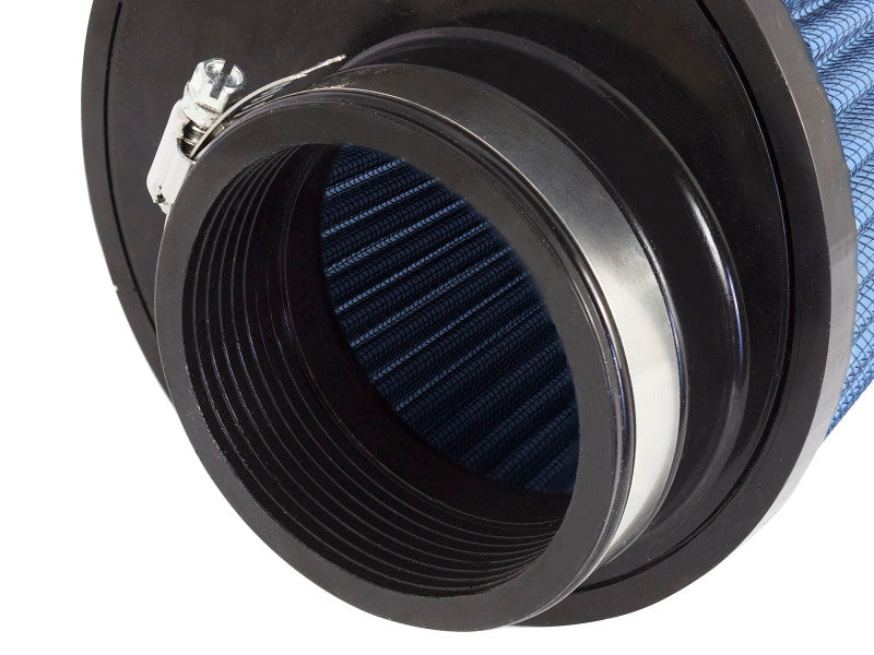 Universal air filter with a blue mesh design, featuring an offset inlet and a durable black base for enhanced airflow.