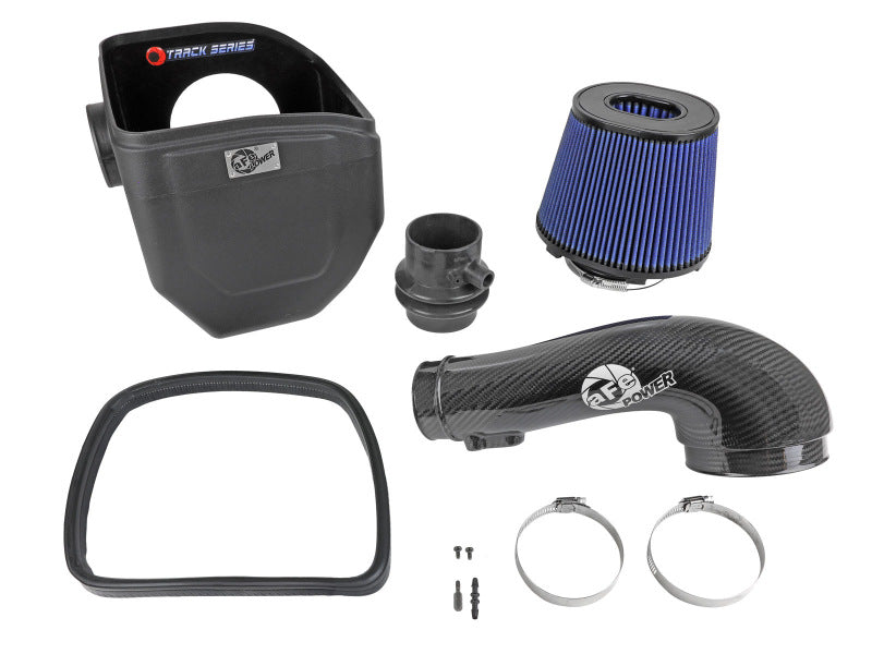 afe Track Series Open Element Intake for Nissan Patrol Y61, featuring a filter, intake tube, and installation components.