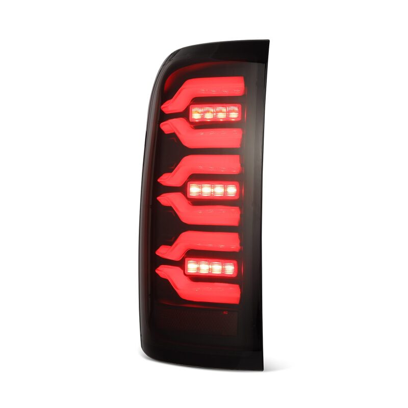 AlphaRex Luxx-Series LED tail lights for 14-18 Chevrolet Silverado in black with sequential signal and active light features.