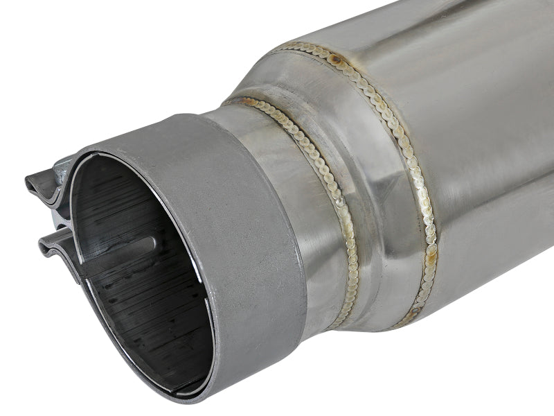 afe MACH Force-Xp resonator with 2-1/2 inch inlet/outlet, 4 inch diameter, and 15 inch overall length for enhanced exhaust flow.