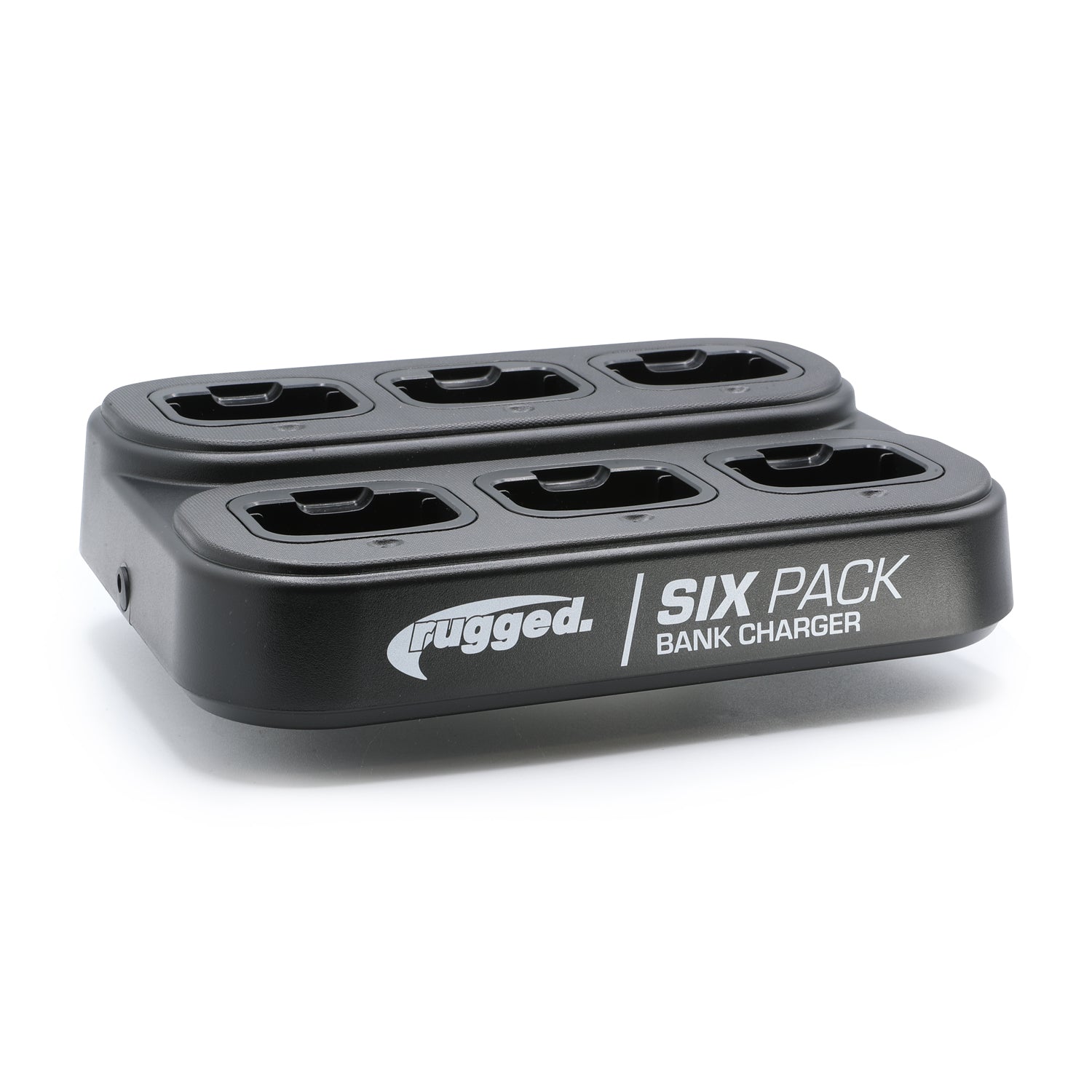 Six-pack bank charger for Rugged GMR2 PLUS GMRS and FRS handheld radios in safety orange, designed for efficient charging.