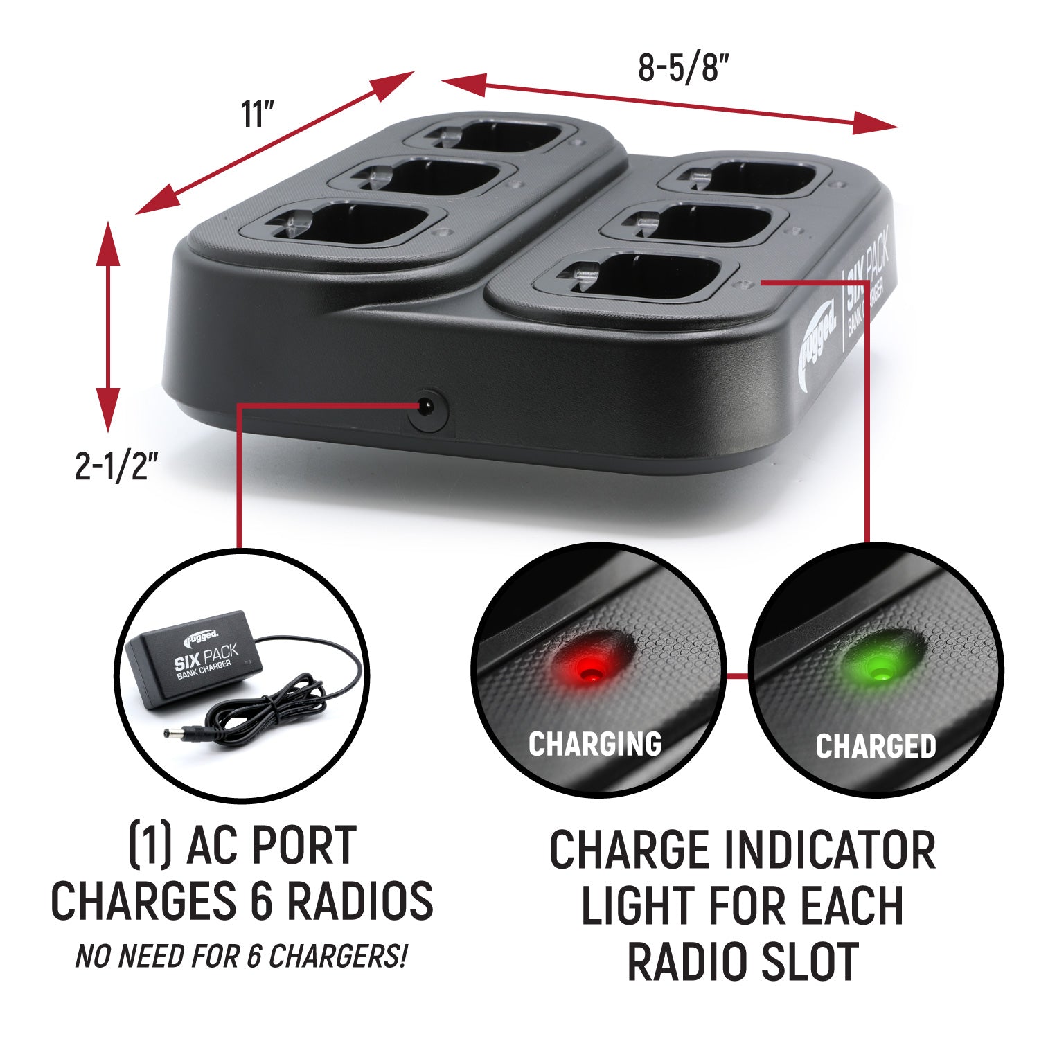 Six-pack charging station for Rugged GMR2 PLUS GMRS and FRS handheld radios, featuring indicator lights and AC port for efficient charging.