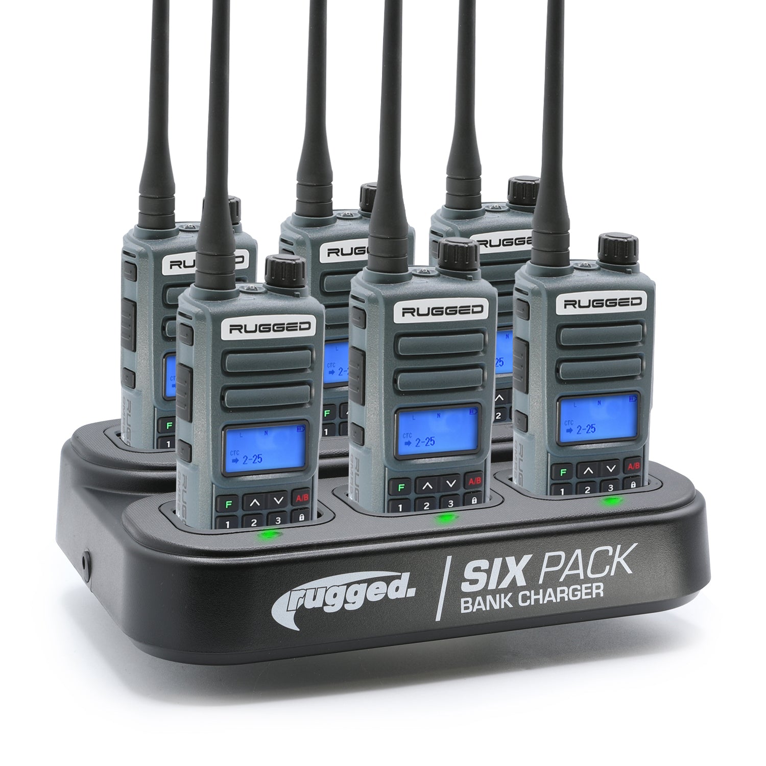 Six Rugged GMR2 PLUS handheld radios in a bank charger, designed for GMRS and FRS communication, in grey color.