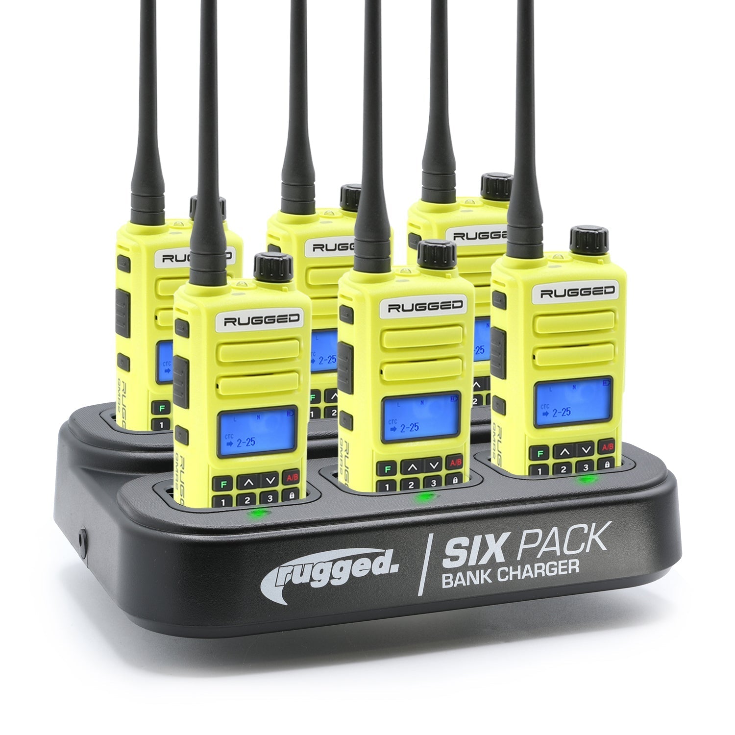 Six Rugged GMR2 PLUS handheld radios in safety orange with a bank charger, designed for GMRS and FRS communication.