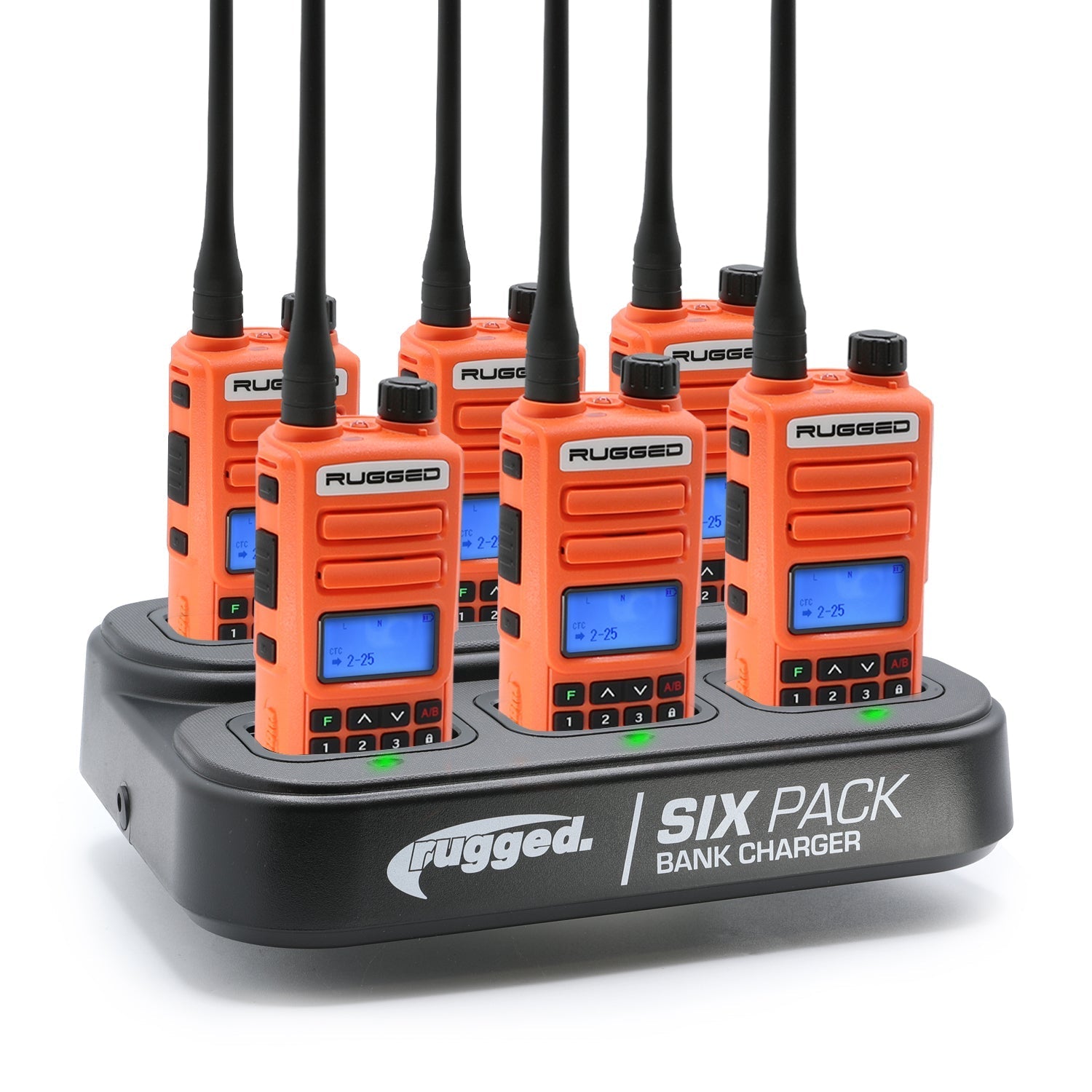 Six Rugged GMR2 PLUS two-way handheld radios in safety yellow, displayed on a bank charger for convenient charging.