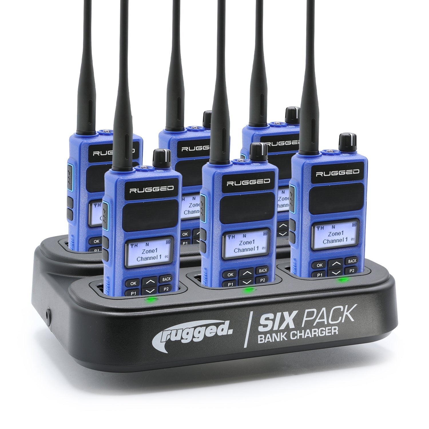 Six two-way handheld radios in safety yellow, displayed on a charging dock, designed for business communication.