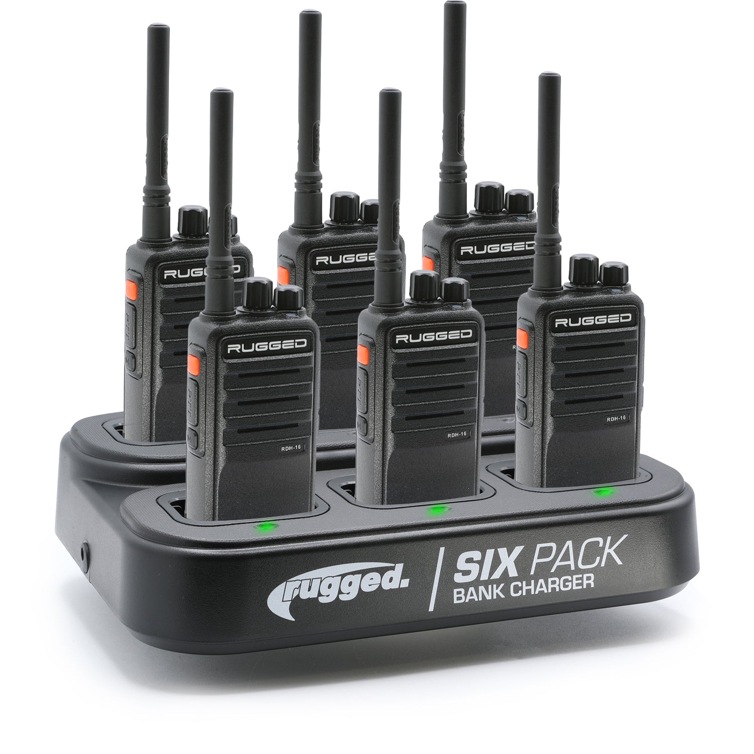 Six handheld two-way radios in safety yellow with a charging dock, designed for business communication and safety.
