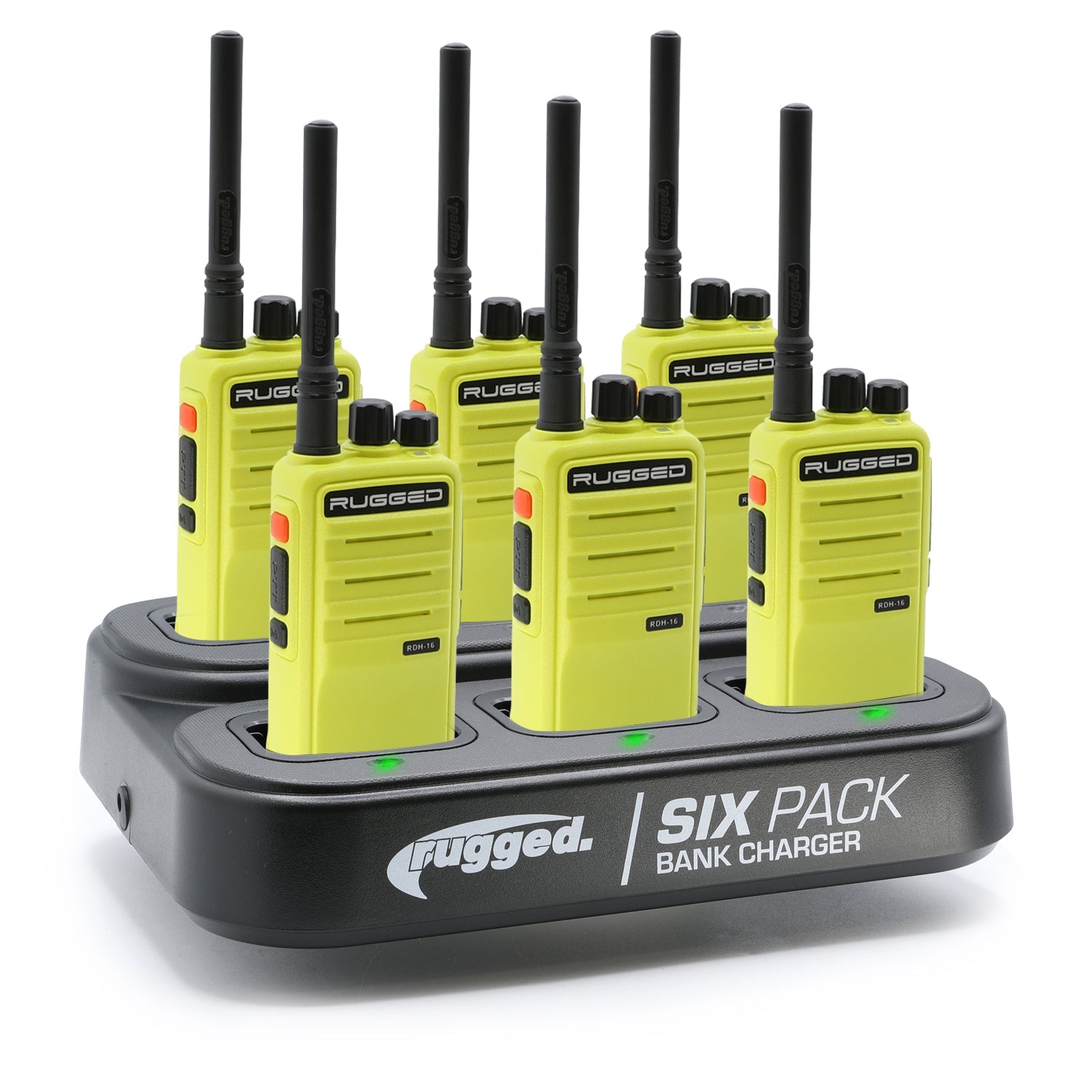 Six R1 Safety Yellow two-way handheld radios on a charging dock, designed for reliable communication in various settings.