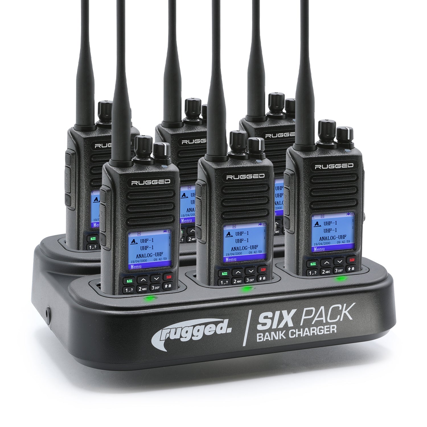 Six handheld two-way radios in safety yellow, displayed on a charging dock, ideal for business communication.