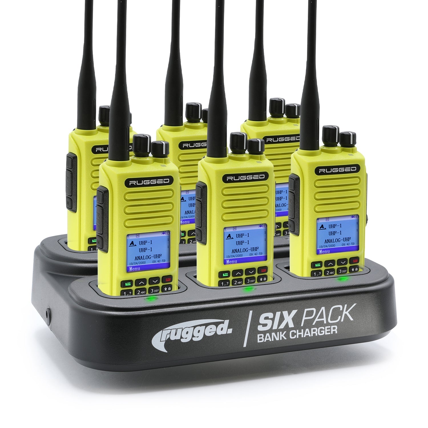 Six handheld two-way radios in safety yellow with a charging dock, designed for business communication and safety.