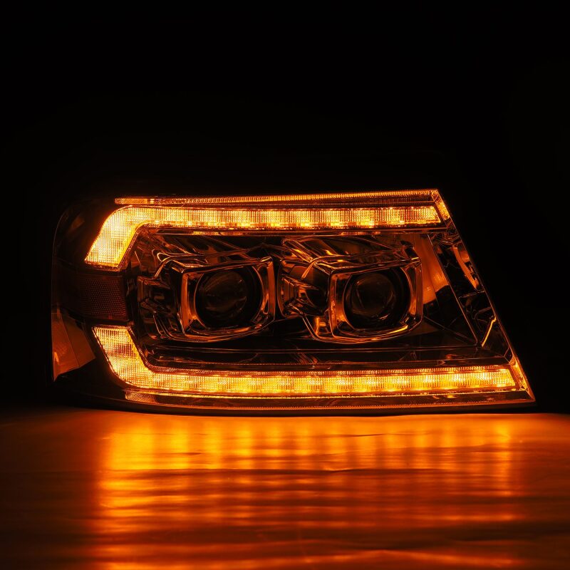 AlphaRex LUXX-Series LED projector headlights for 06-08 Lincoln Mark LT in black with sequential signal lighting.