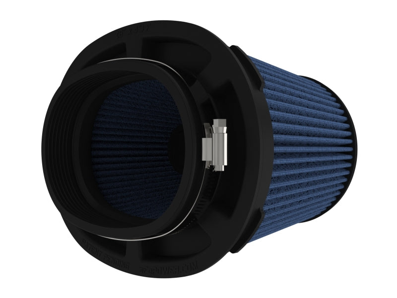 afe Momentum Intake replacement air filter with a blue pleated design, featuring a durable black frame and various dimensions for optimal performance.