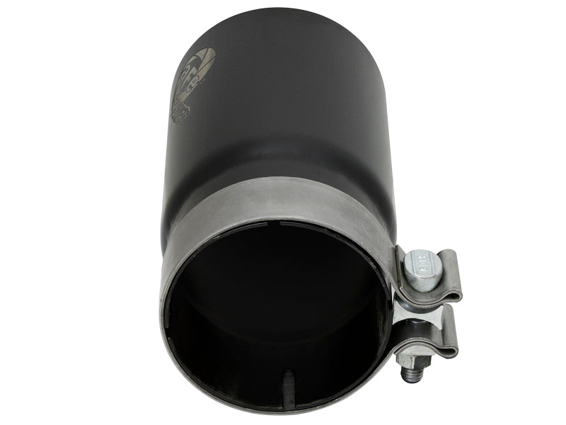 Black afe MACH Force-Xp universal exhaust tip with a 3-1/2 inch inlet, 4 inch outlet, and 7 inch length, featuring a clamp.