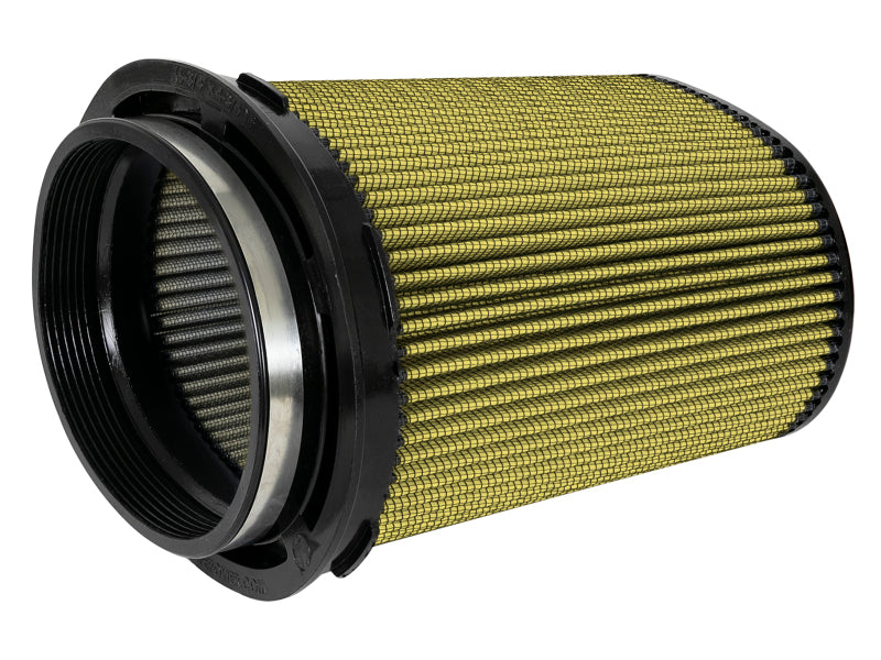 Replacement air filter for AFE Momentum Intake, featuring a yellow pleated design and durable construction for optimal airflow.
