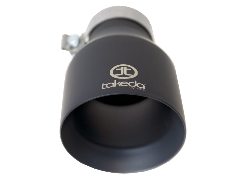 Afe Takeda universal exhaust tip with a 3-inch inlet, 5-inch outlet, and 9-inch length, featuring a sleek black finish and logo.