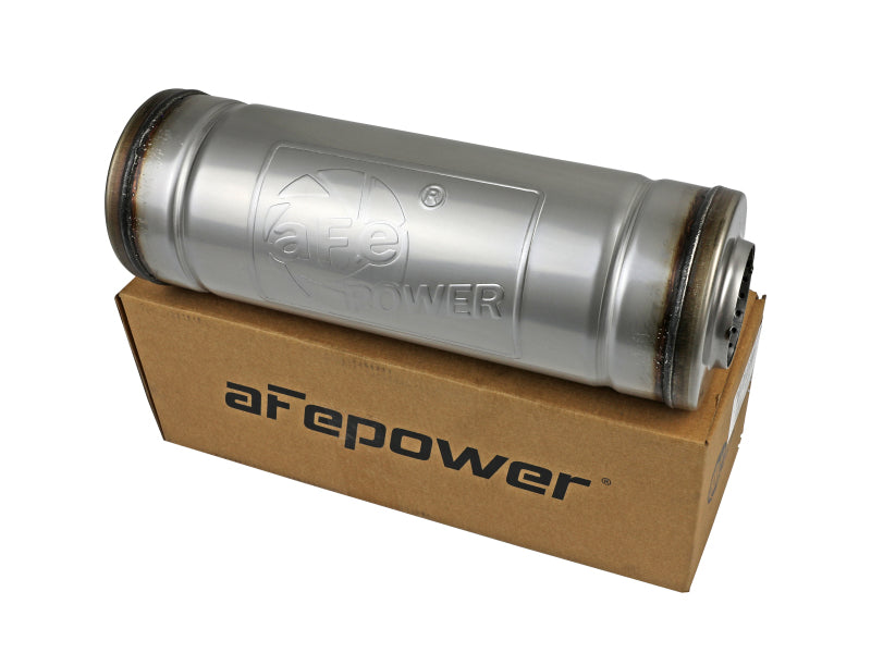 aFe MACH Force-Xp muffler with a 2-1/2 inch ID, 9 inch diameter, and 14 inch length, displayed on its branded box.