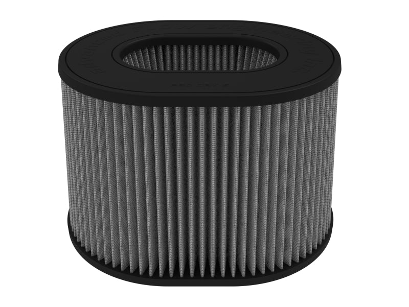 Afe Magnum FORCE replacement air filter with a cylindrical design, featuring a black rubber top and pleated gray filter material.