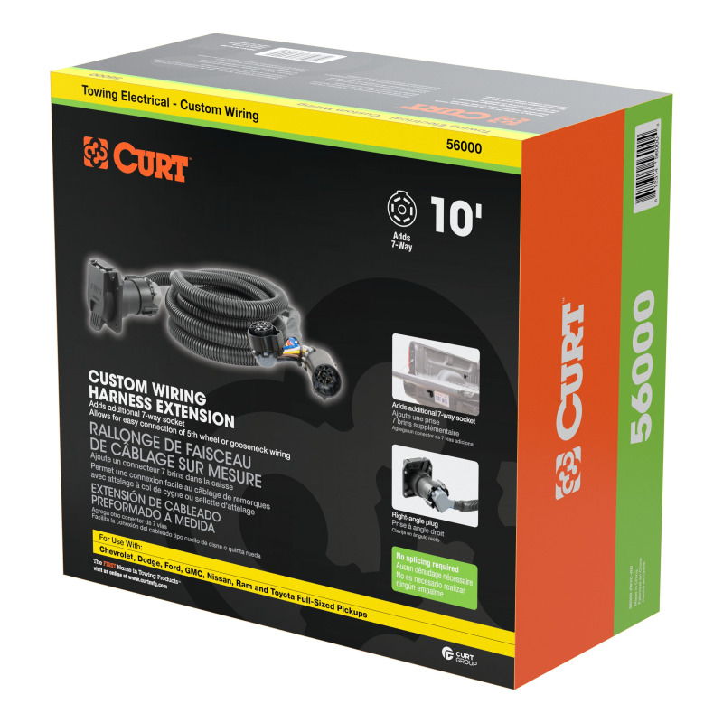 CURT 10' Custom Wiring Extension Harnesses (Adds 7-Way RV Blade to Truck Bed, 10-Pk) Model 56000010