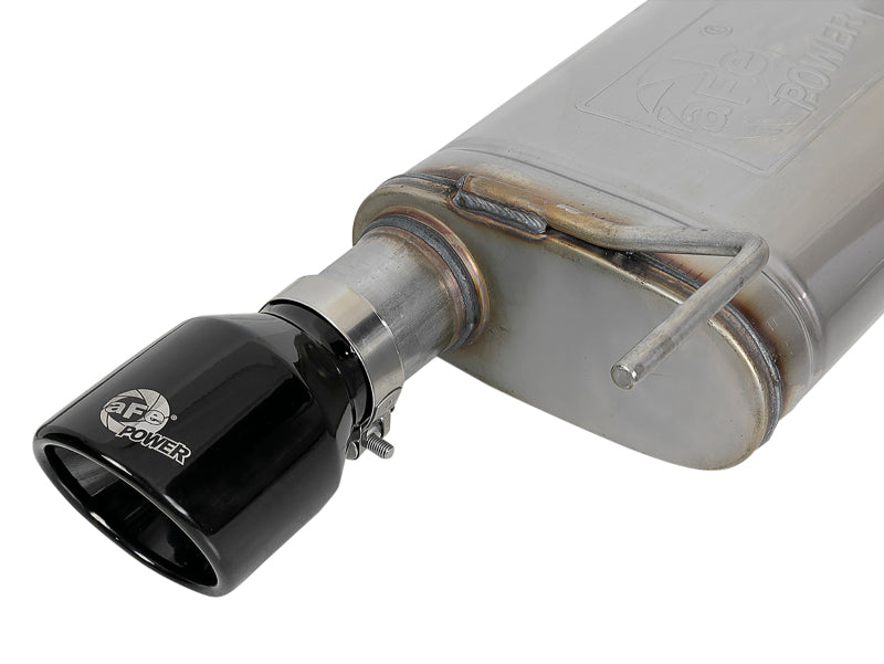 afe MACH Force-Xp axle-back exhaust system for 2015-2017 Ford Mustang GT V8, showcasing polished stainless steel construction and black tip.