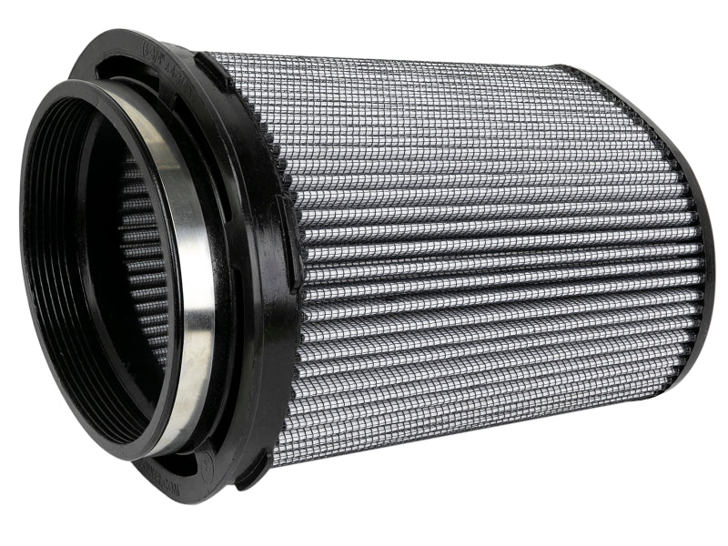 afe Momentum Intake replacement air filter featuring a cylindrical design with a black frame and pleated filter media, measuring 6-7/8x4-7/8 inches at the front, 8-1/4x6-1/4 inches at the back, and 9 inches in