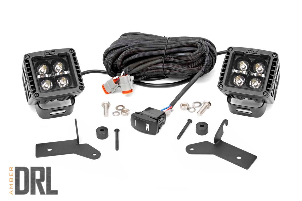 LED Light Kit Hinge Mount 2 Inch Black Pair Amber DRL Jeep Gladiator JT/Wrangler JL (18-26) Rough Country
