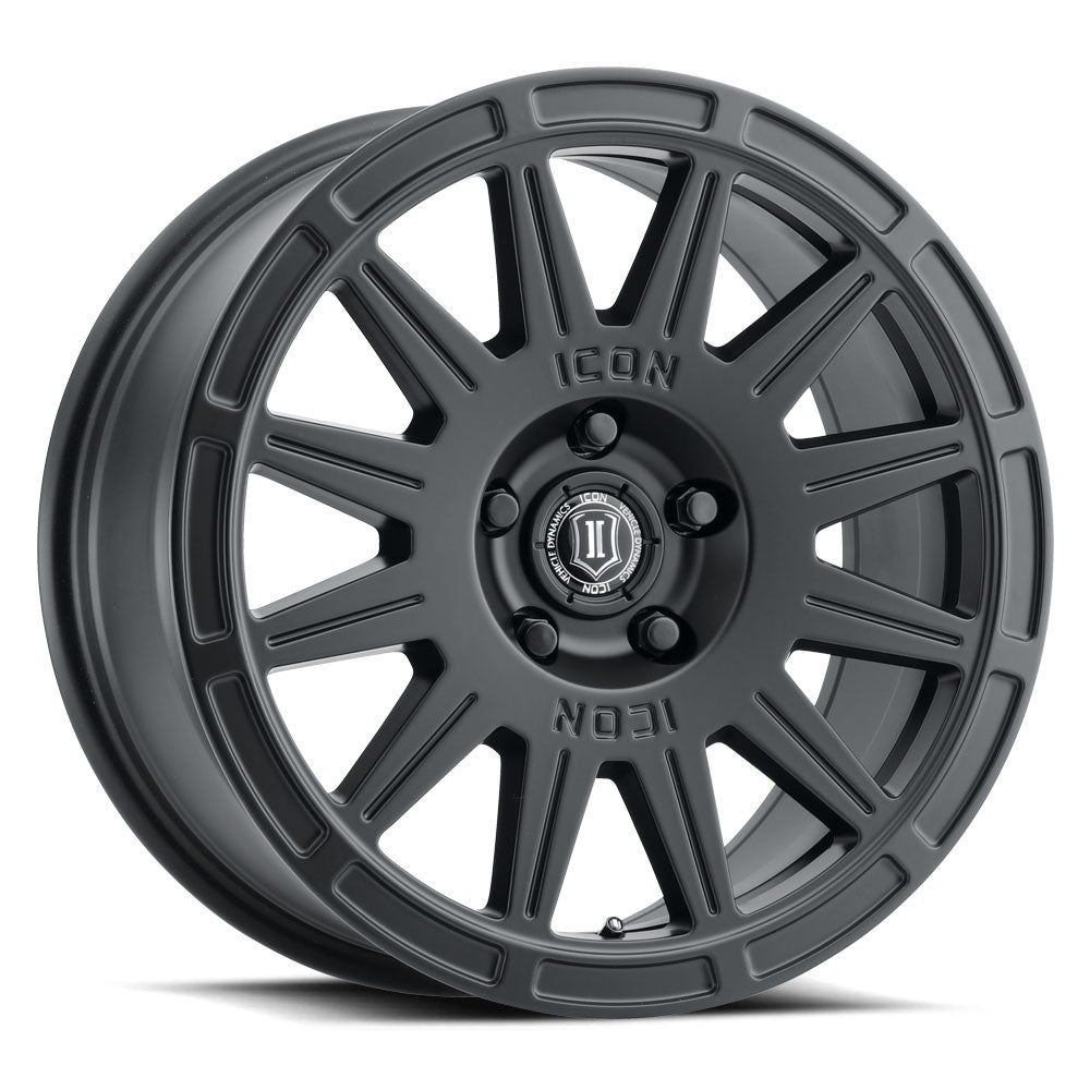 Ricochet 17 X 8 / 5 X 108 / 38 MM / 6 Inch Back Space Satin Black, ICON Alloys