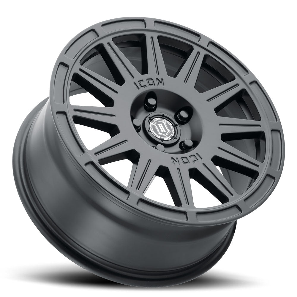 Ricochet 17 X 8 / 5 X 108 / 38 MM / 6 Inch Back Space Satin Black, ICON Alloys