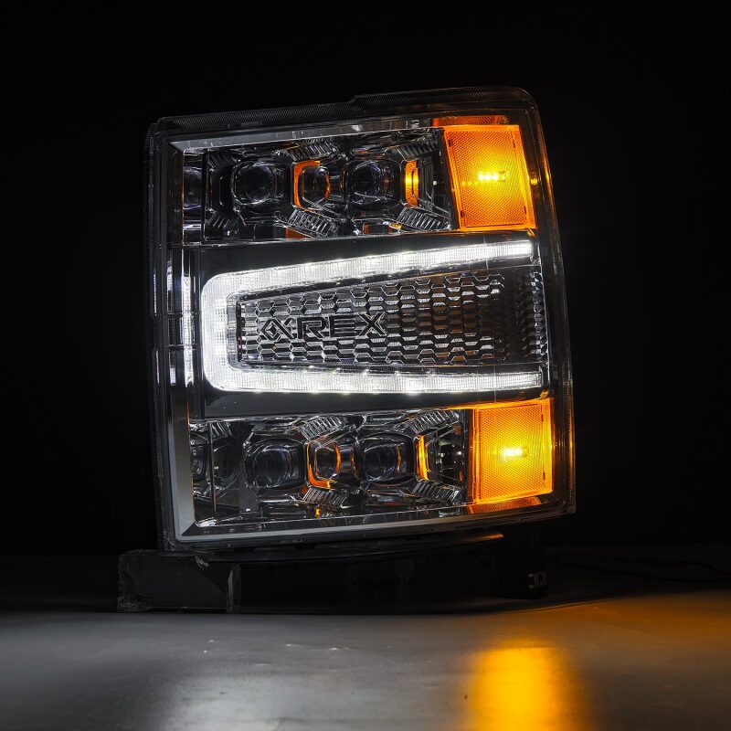 AlphaRex NOVA-Series LED projector headlights for 04-15 Chevy 1500HD featuring chrome finish, sequential signal, and daytime running lights.